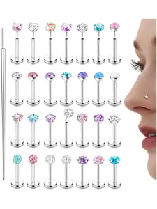 28PCS Threadless Nose Studs Hypoallergenic Flat Back Earrings Surgical Steel Opal Helix Piercing Tragus Stud Conch Cartilage Medusa Labret Piercing Jewellery For Women Men 6/8MM Nose Piercing Jewelry