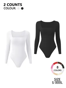 Women's Seamless Compression Body Long Sleeve Thong Bodysuit, Square Neckline, Firm Tummy Control & Butt Lifter, Sexy Simple Casual Warm Comfortable for Daily Wear, Multi-Scene Wearable Slimming Body Shaping Shapewear Undergarment Womenswear