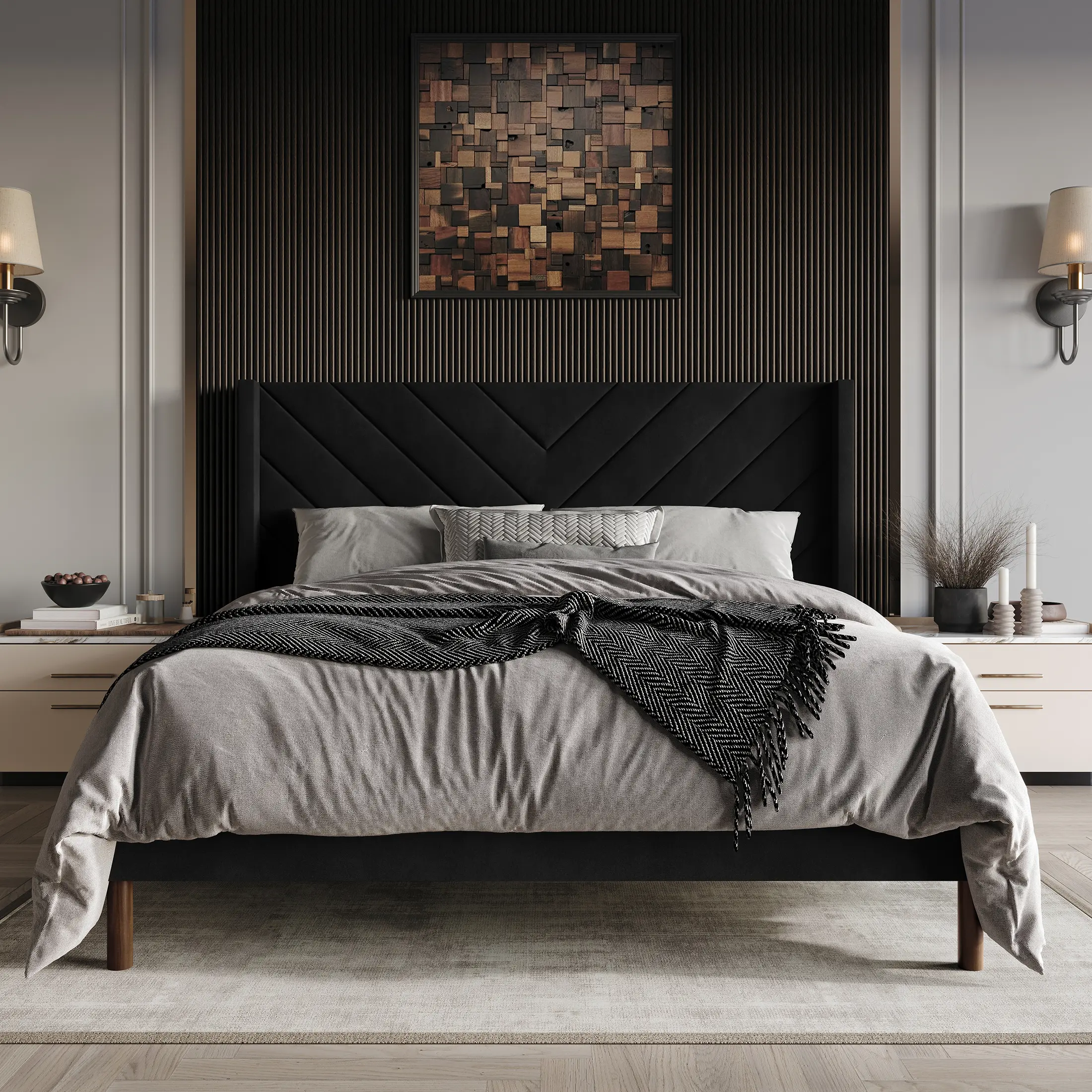 Modern Black Quilted Headboard Bed with Gray Duvet and Black Throw Blanket for Contemporary Bedroom Decor