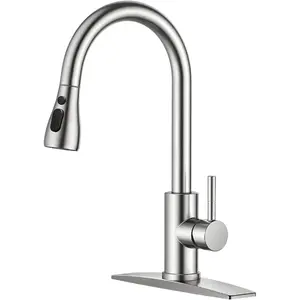 Kitchen Faucet with Pull Down Sprayer, High Arc Single Handle, Brushed Nickel, Brushed Go Home ld Finish  Modern Durable Steel