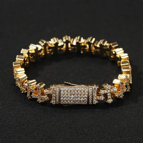 11.5mm Cross Pendant Bracelet for Men Women, 14K Gold Plated Chunky Hip Hop Jewelry, 5A+ Cubic Zirconia Christian Faith with Gift Box