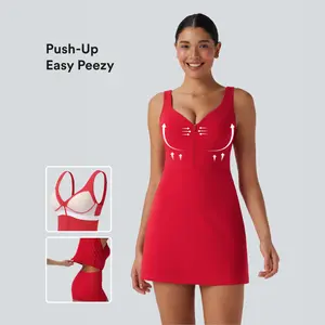 Halara Softlyzero Plush 2-in-1 Design Workout Active Dress - Sleeveless Athletic, Sporty Chic Style, Push-Up Molded Cups, Zipper Adjustable Straps, Backless, Pocket Feature, Easy Peezy