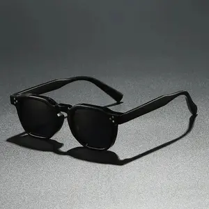 Vintage Square Frame Sunglasses Black Acetate Frame Rivet Detailed Temples Dark Tinted Lenses Rimless Inspired Stylish Eyewear