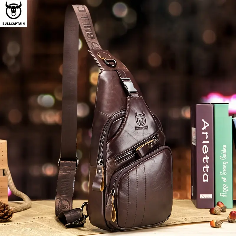 Large Capacity BULLCAPTAIN Men's Genuine Leather Chest Bag - Casual Brown with Golden-Tone Accents, Adjustable Strap, Multi-Functional Crossbody & Shoulder Bag for Everyday Use