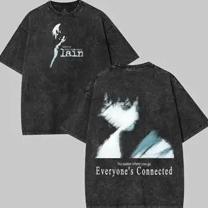 Retro Vintage Serial Experiments Lain Anime Unisex Anime Manga Washed Heavy Cotton T-shirt, Anime Clothing Menswear DNL