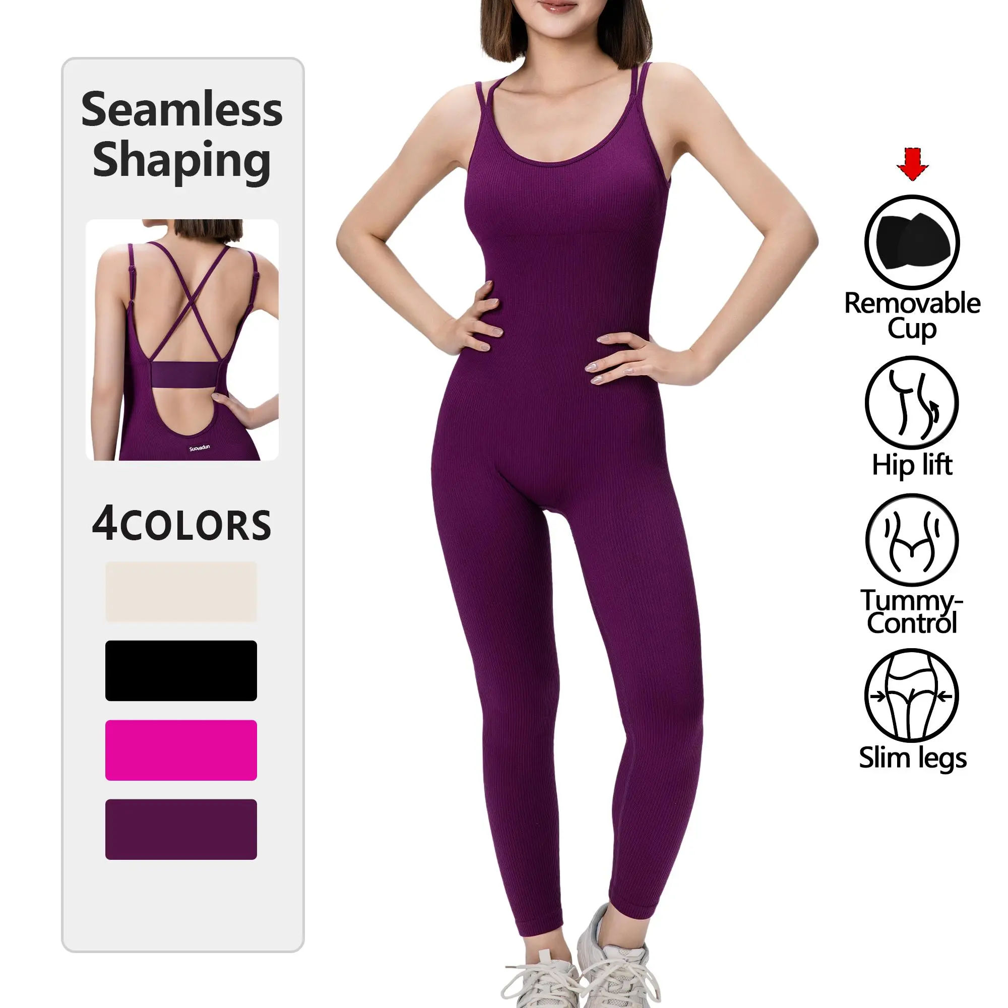 【BUY 1 GET 1】Women's Knitting Athletic Rompers & Workout Jumpsuits - Tummy Control, Hip Lift, Stretchable Solid Color Set for Gym & Daily Training, Tummy Control Rompers, Sporty Yoga Jumpsuit, Tight Fitting Jumpsuit