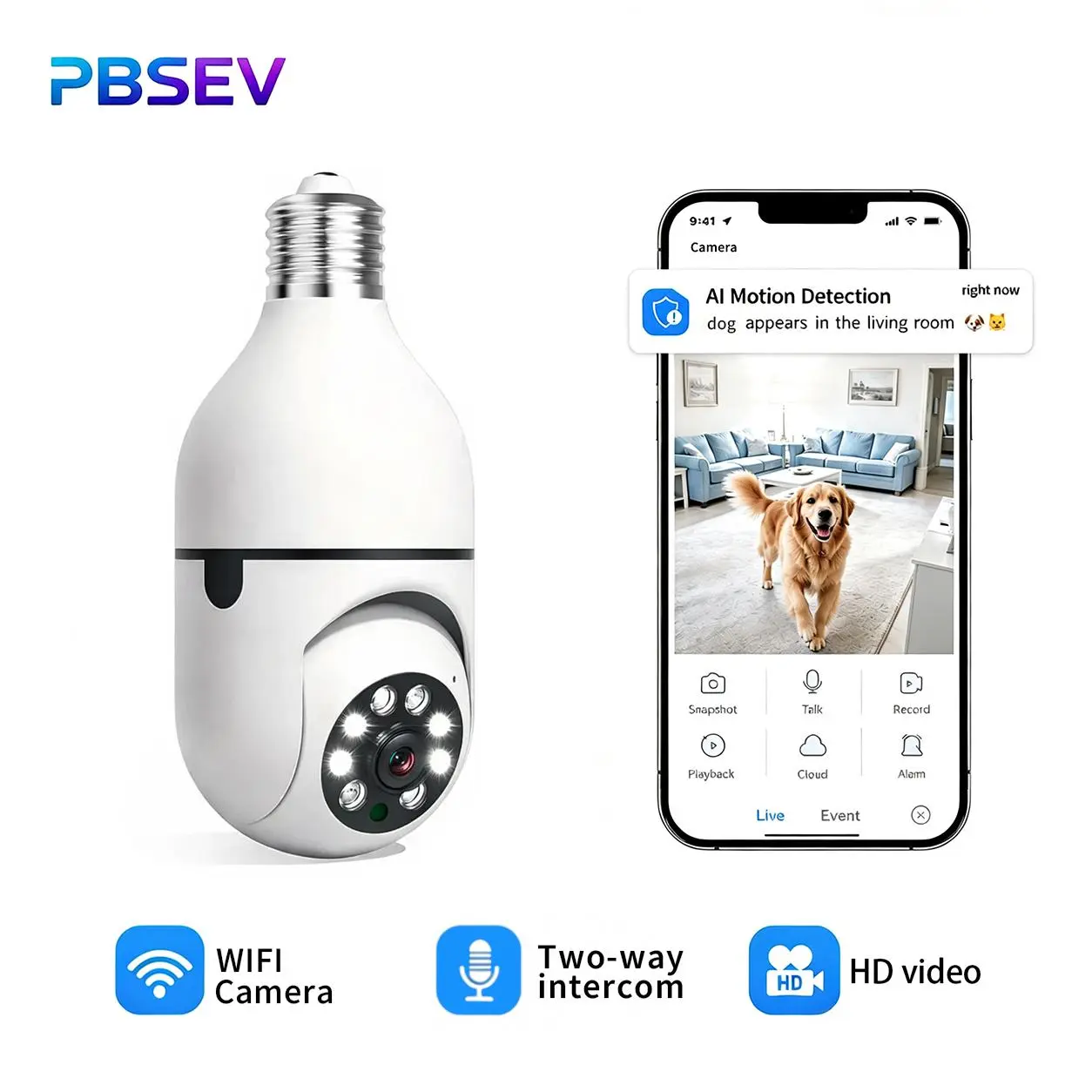 PBSEV 3MP Full HD AI Light Bulb Security Camera, 360°PTZ&2.4GHz WiFi Wireless Security indoor Cameras for Home, Micro SD Support, 2-Way Audio, Motion Detection, E27 Socket Easy Installation, Local Cloud Monitoring, Smartphone Control, Father’s Day Gift