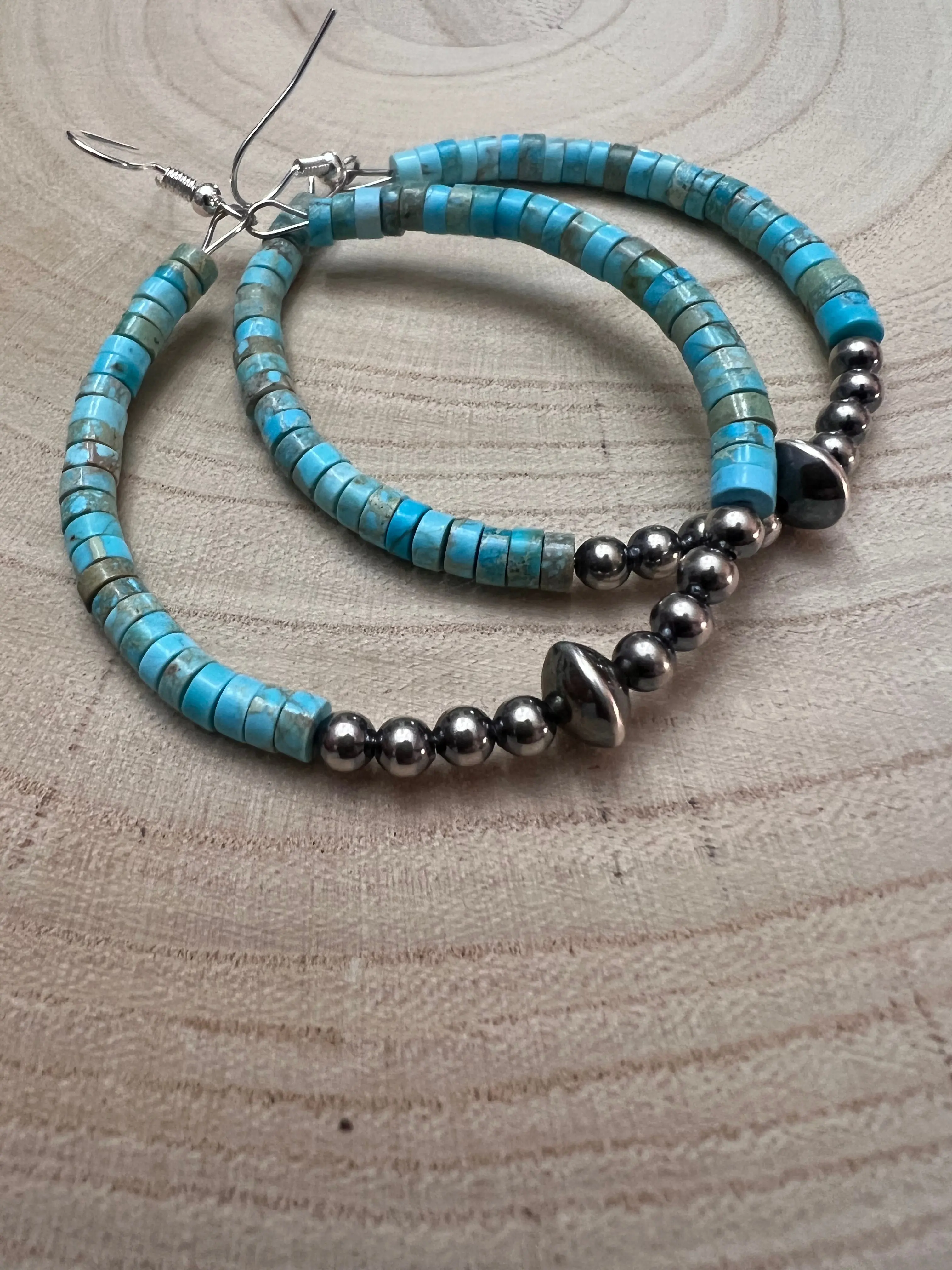Hoop Earrings With Turquoise & Sterling Silver Pearls & Saucer Accent Bead