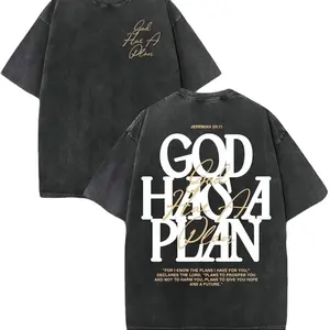 Men's Vintage Washed Short-Sleeve "God Has a Plan" Double-Sided Print Heavyweight Christian Streetwear Tee, Unisex Wide-Shoulder Fit High-Quality Cotton Crewneck Casual Top, Shortsleeve