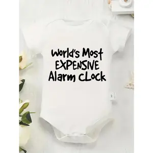 Cute Baby Bodysuit With World's Most Expensive Alarm Clock Print Soft Versatile Round Neck Button Detail Regular Fit All Seasons Knitted Fabric Onesie For 0-12 Months