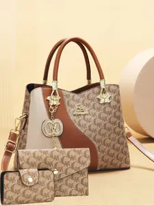 New Classic Vintage Print Spacious Tote Bag Set, Women's Handbag for Middle Aged Moms, Casual Fashion Commuter Three-Piece Set
