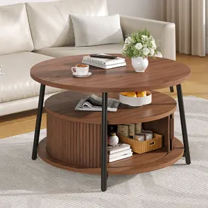 ONBRILL 31.5 Inch Round Coffee Table with Storage, Fluted Coffee Tables with 2 Tiers, Mid-Century Modern Center Table with 2 Sliding Doors and Adjustable Footpad for Living Room