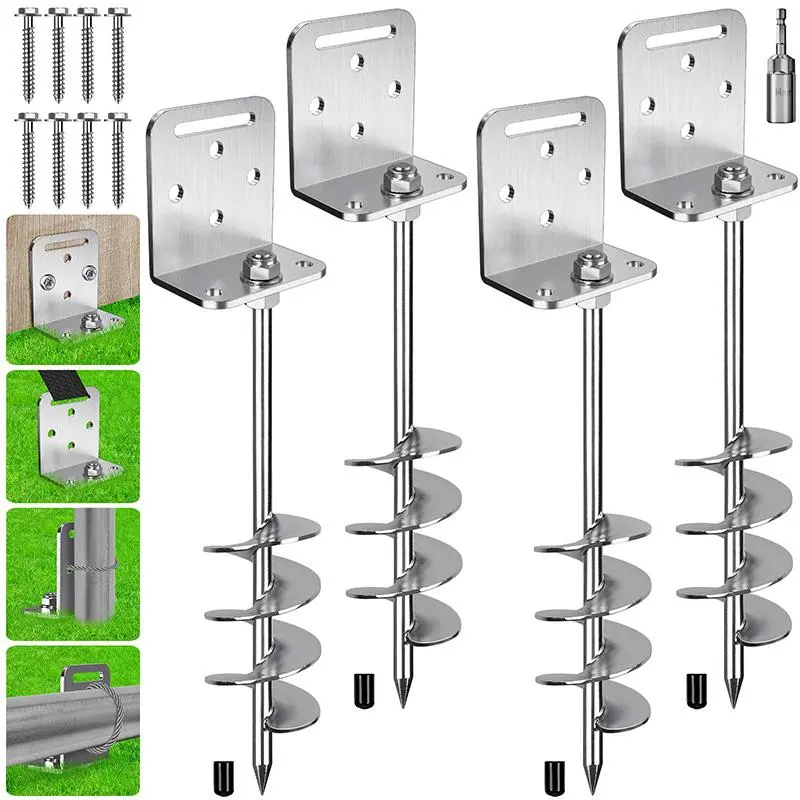 4-Pack 304 Stainless Steel L-Shape Screw-In Ground Anchors with Full Weld Drill Socket, Heavy-Duty Safety Fasteners for Tents, Boats, Canopies, Carports