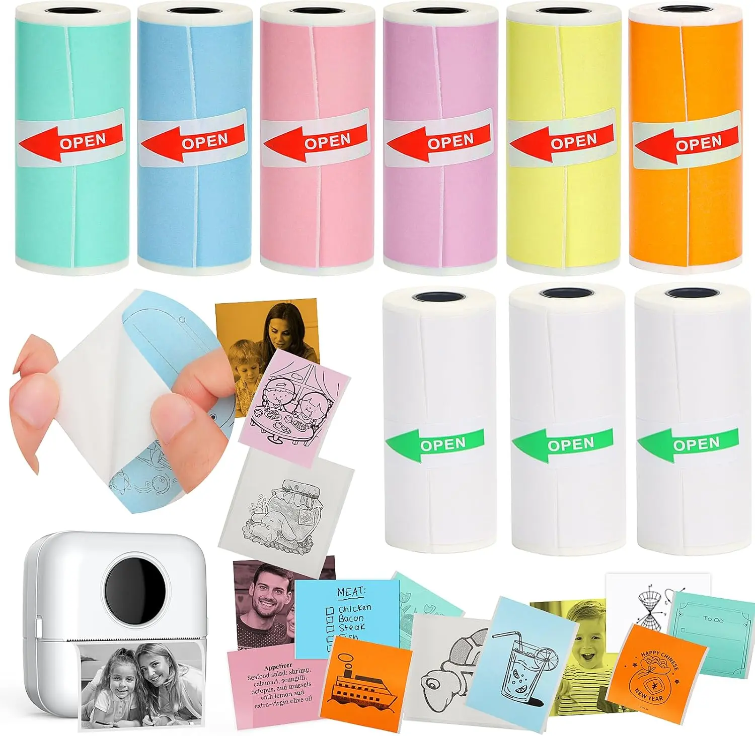 HuiJuKeJi 9 Rolls Mini Printer Sticker Paper,Thermal Self-Adhesive Paper 57 * 25mm,3 Rolls of White &6 Rolls of Colour Paper for Pocket Inkless Portable Bluetooth Printer to Print Photo,Note