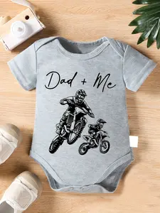 Unisex Newborn Short-Sleeved Fitted Triangle Onesie - Cute "Dad + Me" Father and Child Print Bodysuit for Outdoor Dirtbike Activities