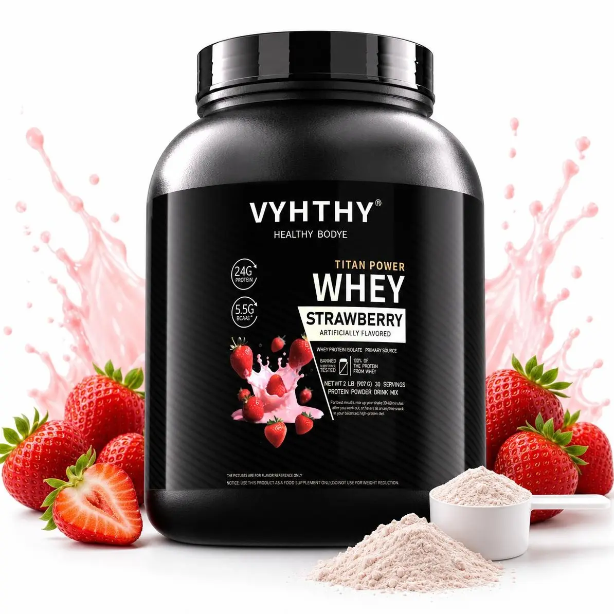 VYHTHY Strawberry Flavor Whey Protein Powder -  24g Protein, 3.5g BCAAs, Sugar-Free, High-Quality Isolate & Concentrate Blend, Nutrition Supplement for Muscle Growth & Recovery