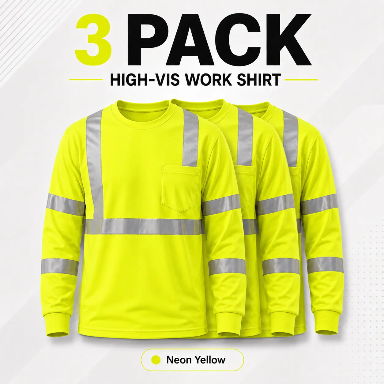 Pomerol Men’s High Visibility Long Sleeve Safety Work Shirt - Lightweight Breathable Hi-Vis Long Sleeve Shirt with Reflective Strips, Pocket for Construction, Outdoor Work (Neon Yellow)