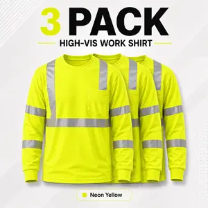 Pomerol Men’s High Visibility Long Sleeve Safety Work Shirt, Lightweight Breathable Hi-Vis Shirt with Reflective Strips & Pocket for Construction and Outdoor Work, Neon Yellow