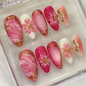 Almond Shape Gradient Glitter Nail Art, 3D Floral Design Press-On Nails, Handmade Sparkly Rhinestones, Perfect for Dating, Parties, Travel