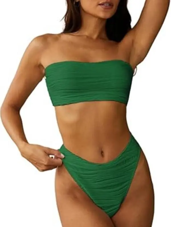 ZAFUL Women's 2-Piece Bandeau Bikini Set, Ribbed Lace-Up Strapless High-Cut Bathing Suit, Beach Style Bikini Sets, Bandeau Bikini Sets