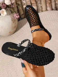Women's Casual Mesh Slippers, Half Slipper Mules, One-Step-On Design, Comfortable Flat Shoes, PU Leather Upper, Rubber Sole, Ideal for Home & Outing