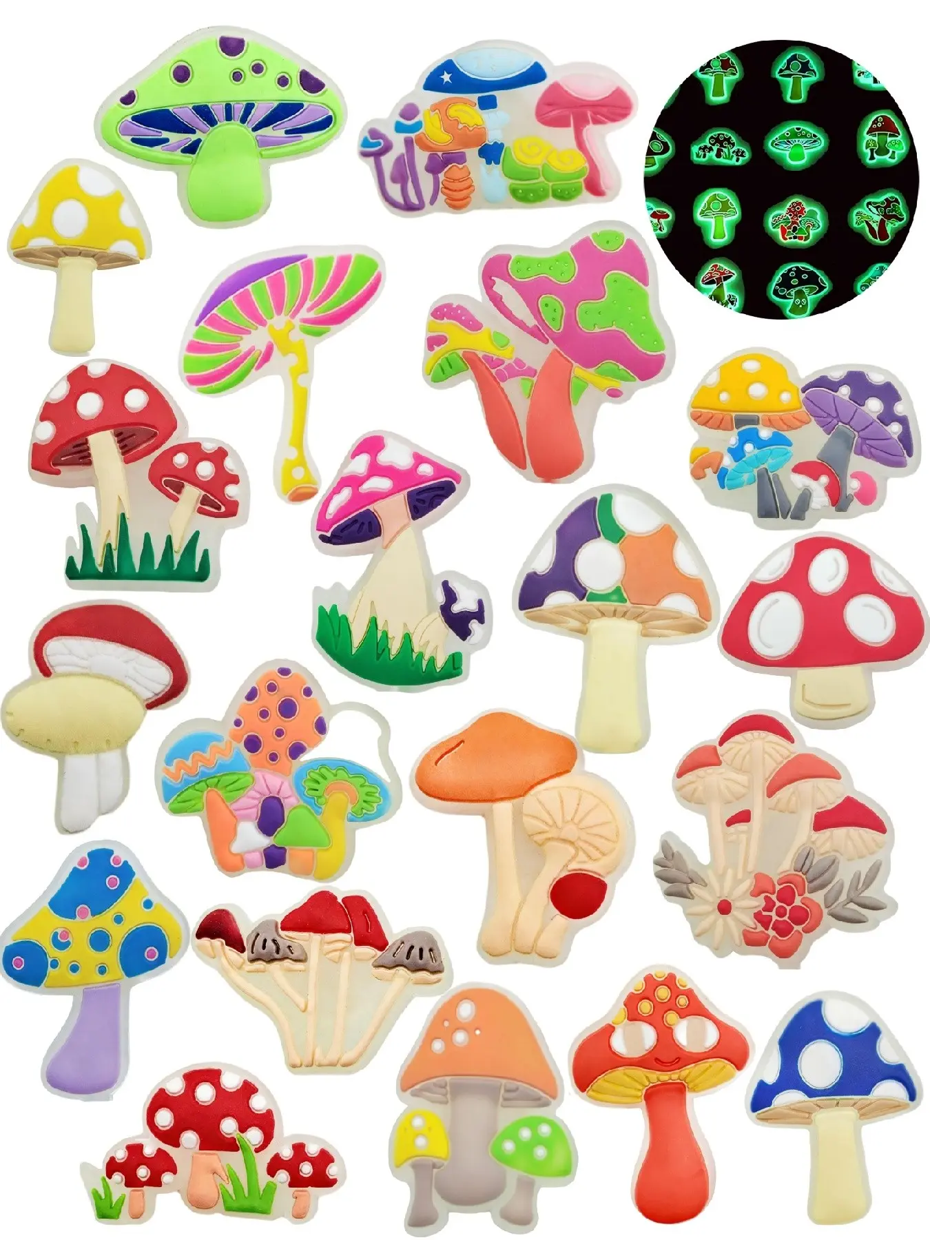 20pcs Glow-In-The-Dark Mushroom Shoe Charms Set, PVC Decorative Shoe Accessories, Party Decorations, Footwear & Bracelet Ornaments