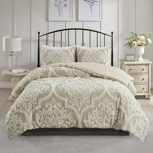 3 piece Tufted Cotton Chenille Damask Comforter Set