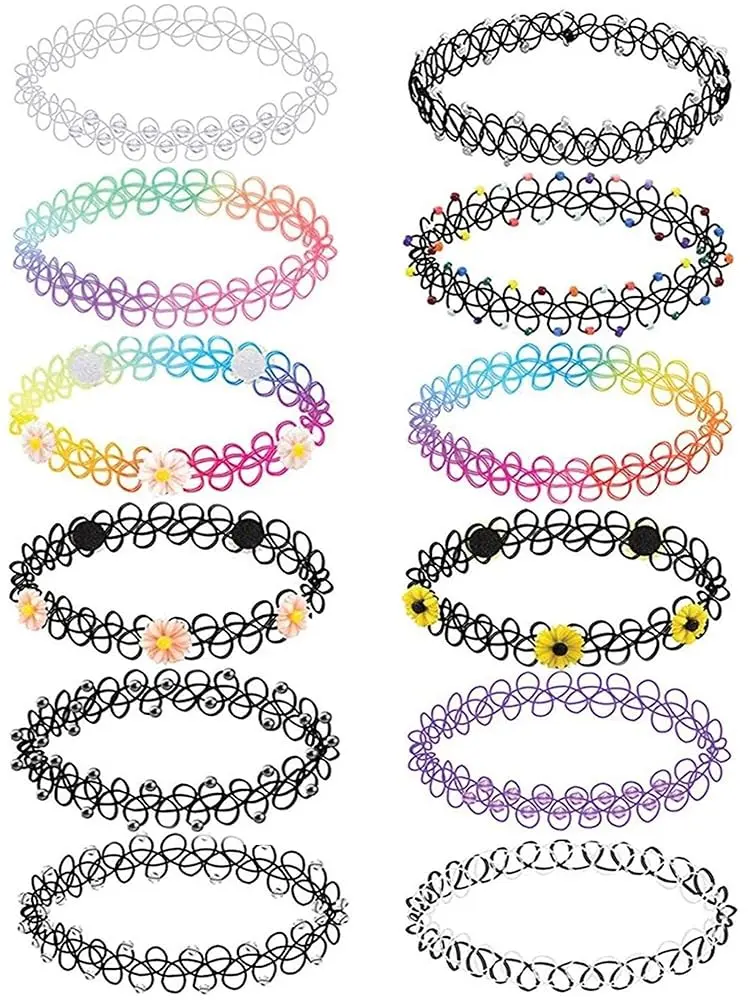 BodyJ4You Vintage 90s Y2K Style Elastic Tattoo Choker Necklace Set for Women - Rainbow, Black, Purple, Pink, Daisy Designs