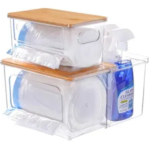 2 Pack Acrylic & Bamboo Storage Laundry Kitchen Organizers-1 Expandable + 1 Fixed Box, Stackable Laundry Pod & Trash Bag Holder, gift.