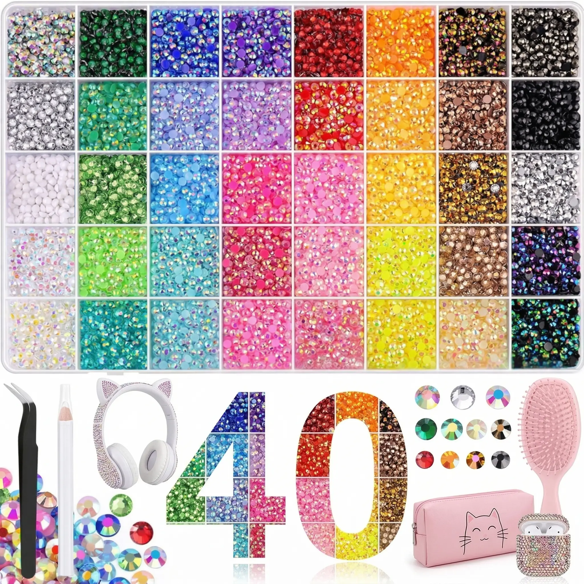 40-Color Resin Jelly Flat Back Rhinestones Bedazzler Assortment Kit - 3mm Mixed Resin Synthetic Beads, Complete Tools, Nail Art Accessories for Diy Nails at Home, Tumblers, Clothes, Assortment Kit Nail Art Accessories