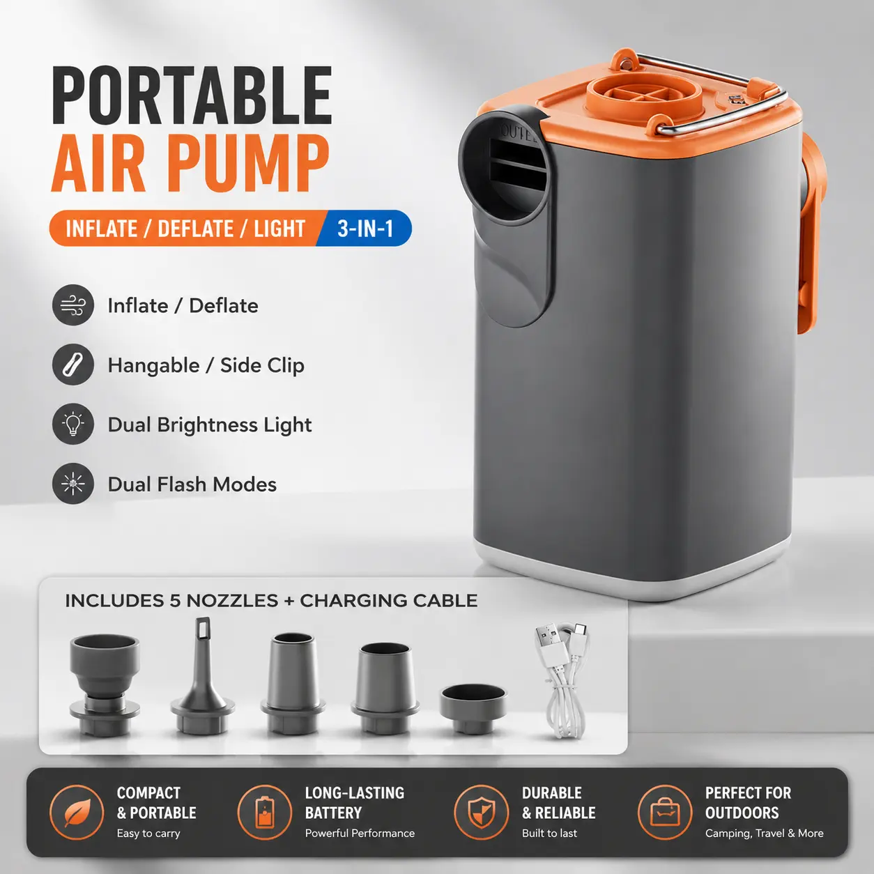 Portable Electric Mini Air Pump for Inflatables-Camping Light,USB Rechargeable,5 Universal Nozzles,Carabiner Clip,1200mAh Rechargeable-Fast Inflate/Deflate Pool Float/Air Mattress Bed/Vacuum Bag Home Storage,Suitable for outdoor camping