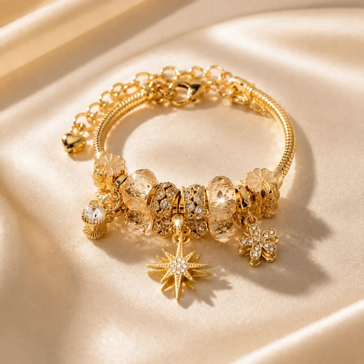 Adjustable DIY bracelet featuring a gold flower, eight-pointed star, and bow-a stylish, unique accessory.