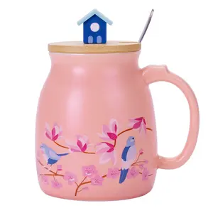 YUESHICO Decal Pink Flower Bird Mug Coffee Ceramic Mug Glossy Porcelain Latte Tea Cup With Lid and spoon Tea Water Cup With Handle gifts for bird lovers 420ML (Pink)