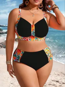 Women's Plus Size Bikini Set, Floral Dyeing Print, Sleeveless Straps, High Waist Tummy Control, Summer Beachwear, Casual Elegance