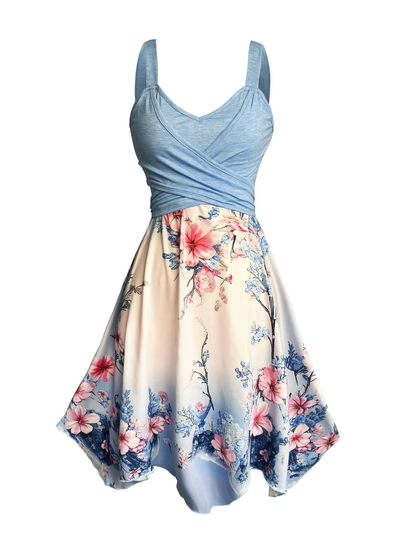 Women's Floral Print Dress, Fashion Casual Sleeveless Cross Wrap Dress for Beach, Ladies Summer Clothes, Casual Beach Sundress, Floral Design Dress