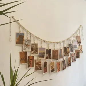 Boho Photo Clip String,  Hanging Photo Display Wall Decor, Wooden Bead Garland Collage Picture Frame withClips , Photo Display Hanging Rope for Home Dormitory Classroom Bedroom Decor, Hanging Wall Art
