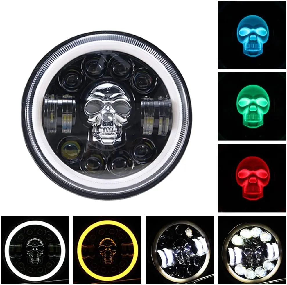 7-inch round LED skull headlight, high and low beam lights, daytime running lights (DRL) angel eyes, amber turn signal LED headlight, motorcycle headlight replacement, compatible with Harley-Davidson, Jeep Wrangler, and off-road 4x4 vehicles