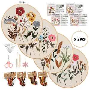 4Pcs Flower Embroidery Kit for Beginners with Pattern and Instructions,Cross Stitch Kits,2 Wooden Embroidery Hoops,Threads and Needles,Needlepoint Kit for Adults - Home Improvement.