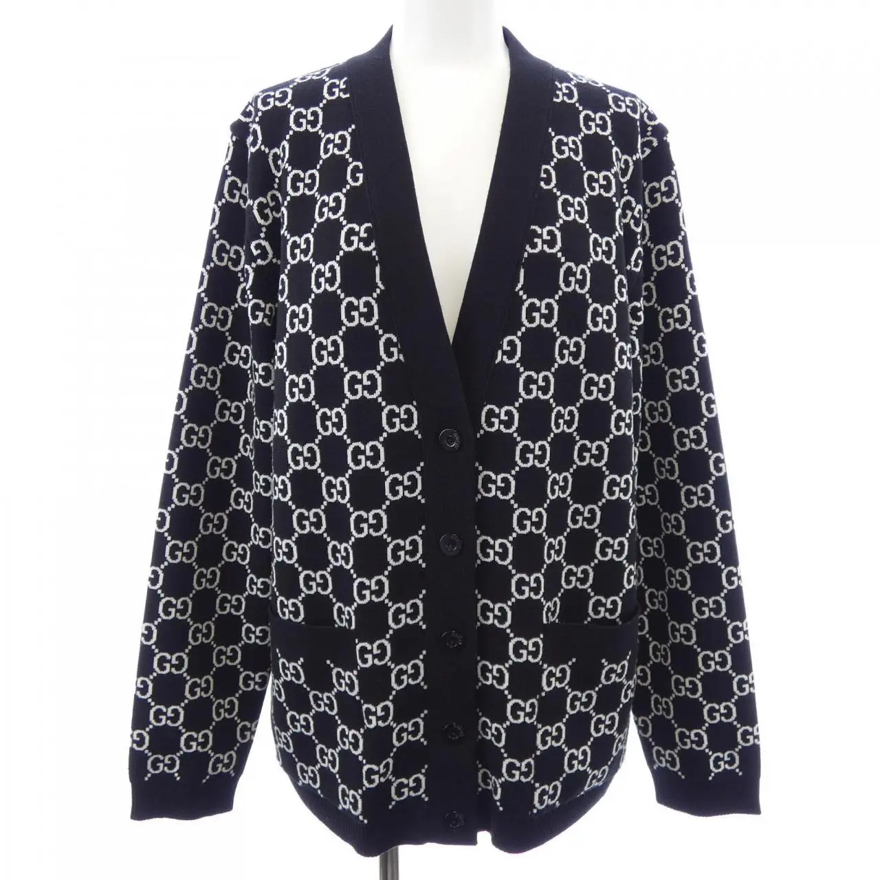Pre-owned GUCCI Wool Small Leather Goods GG Jacquard Reversible Cardigan