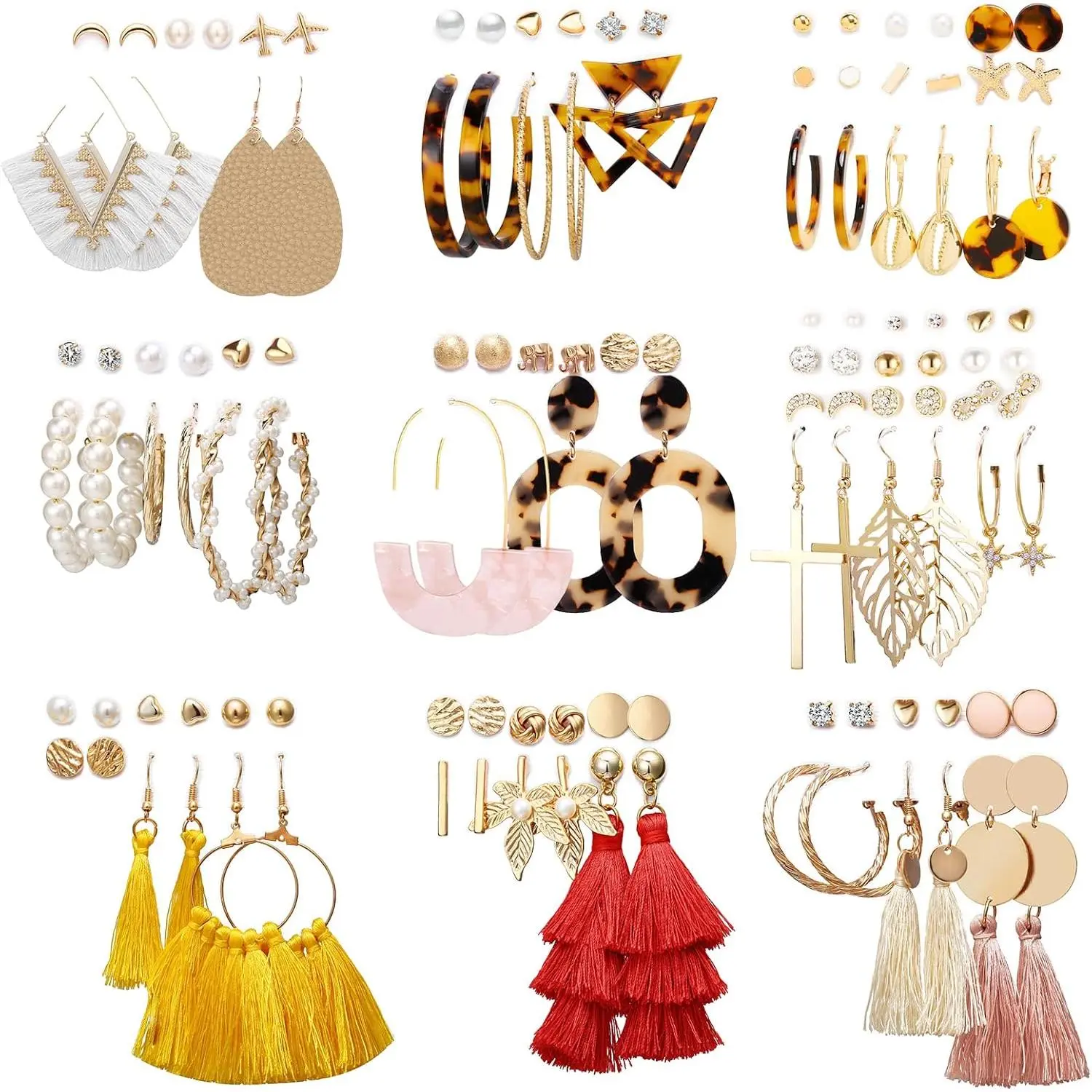 Earrings Set for Women, Fashion Tassel Earrings Acrylic Hoop Stud Drop Dangle Earrings Assorted Styles and Colors for Birthday Party