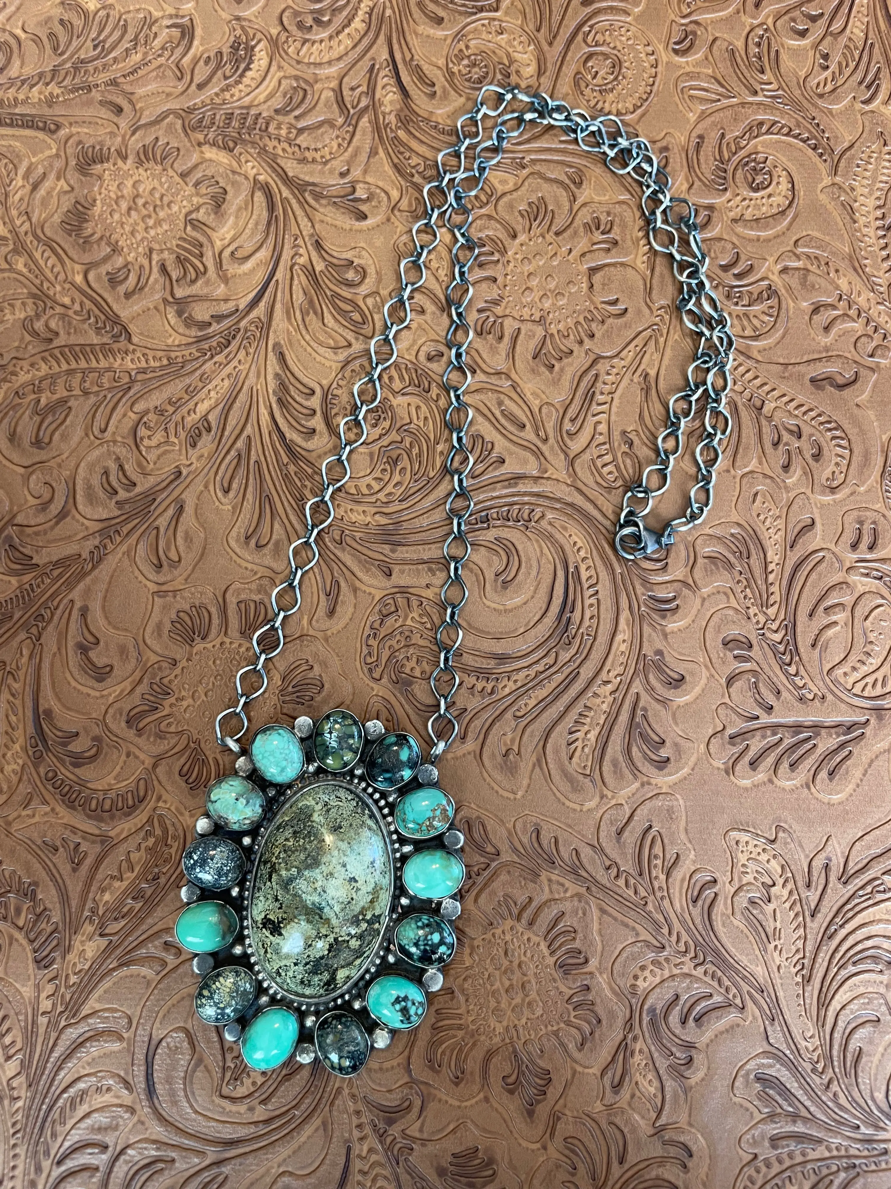 Handcrafted Royston & Carico Lake Turquoise Sterling Silver Cluster Necklace by Sheila Becenti