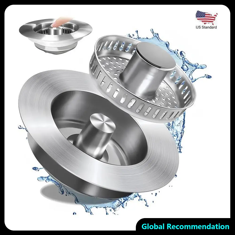 3-in-1 Kitchen Sink Drain Strainer – Pop-Up Sink Stopper, 304 Stainless Steel Sink Drain Strainer, Kitchen Sink Stopper with Anti-Clogging Design, Kitchen Sink Strainer fits US standard 3-1/2" drains