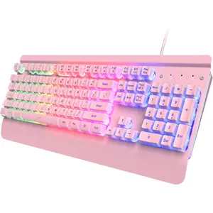 Pink Creamy Keyboard, 104 Keys All-Metal Panel, Rainbow LED Backlit Silent Gaming Keyboard, Wrist Rest, PBT Keycap, Anti-ghosting Keys, Light Up USB Wired Computer Keyboard for PC