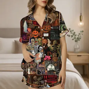 Women’s Retro Horror Movie Halloween Enjoyer Thri/ller Retro Ghost Pumpkin Short Sleeve Satin Pajama Set, Pajama Nighwear Set for Her