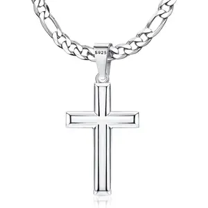 925 Sterling Silver Cross Necklace for Men Women, 5mm Stainless Steel Diamond-Cut Durable Figaro Link Chain or Cuban Link Curb Chain for Men, Mens Silver Crucifix Cross Pendant Necklaces Jewelry 16-30 Inches