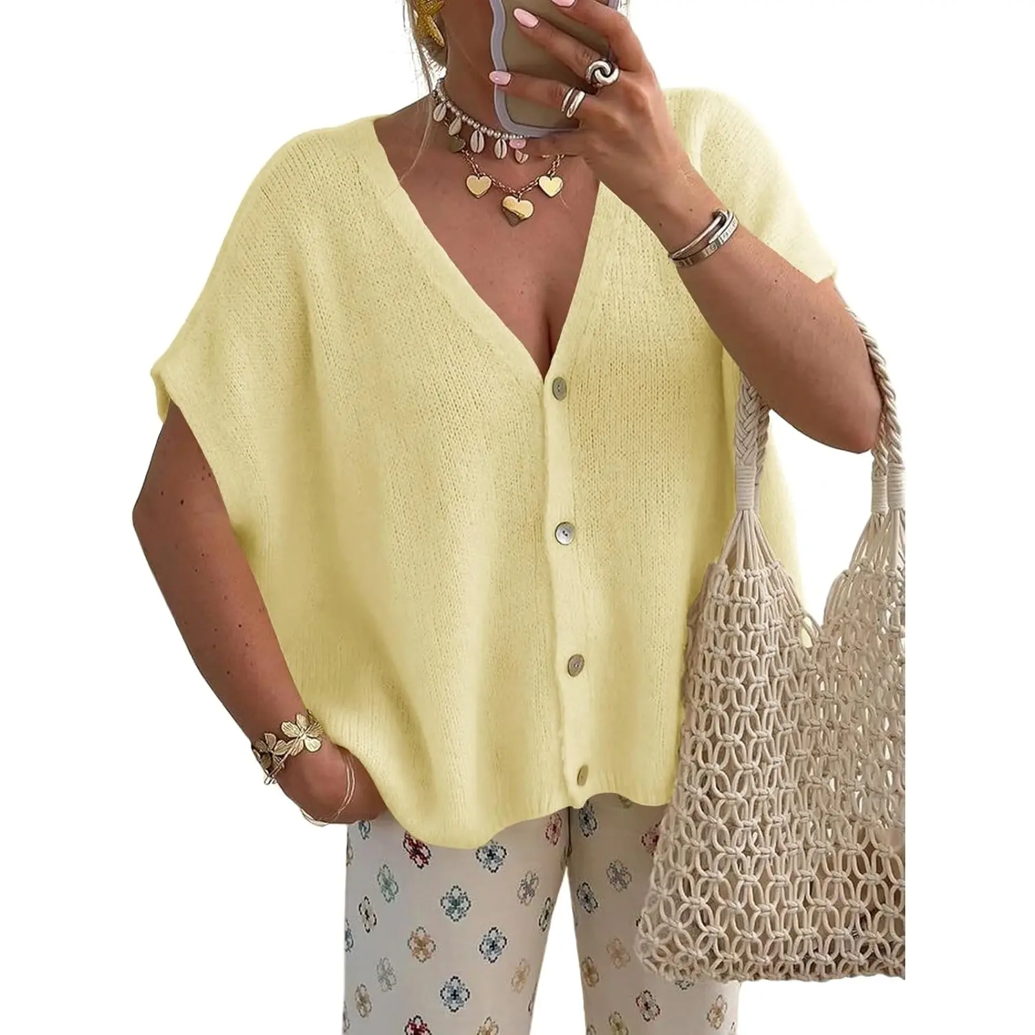 Saodimallsu Women's Fall Baggy Oversized Knit Cardigan - Batwing Short Sleeve, Lightweight Button V-Neck, Fit Everyday Tops, Minimalist & Casual Women's Knitwear, Outdoor Wear,summerwins summerwins,back to school,back to school shopping