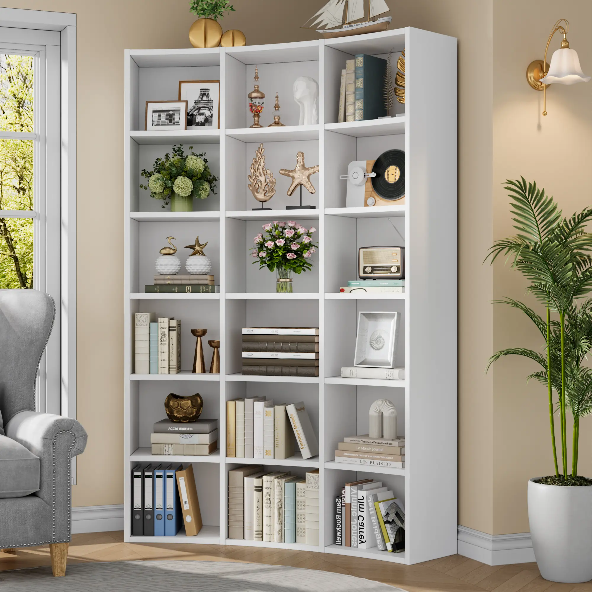 L-Shaped Corner Bookshelf with 18 Compartments - Anti-Tip, Waterproof, Space-Saving Compartmentalized Shelving & Storage for Books, Curved Multi-Level Shelving & Storage (White/Brown Wood/Black), Casual Shelving & Storage