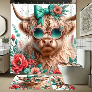 Floral Cow Pattern Bathroom Set, Includes Soft Shower Curtain, Mat, Toilet Seat Cover, Elegant Decor, 1/4 Piece Bath Ensemble