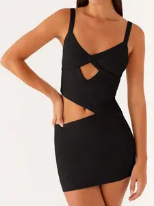 Women Cutout Mini Dress Spaghetti Strap Backless V-Neck Patchwork Bodycon Short Dress Party Cocktail