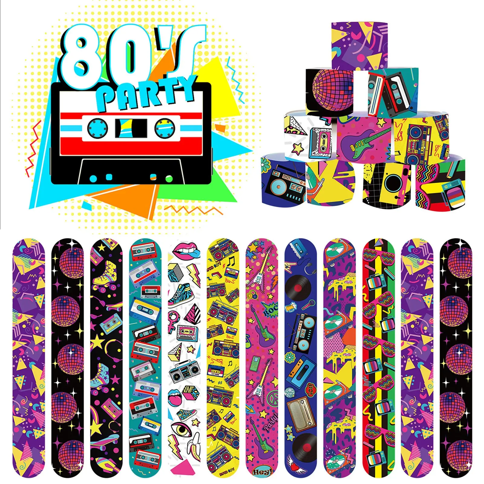 30 Pieces 80s 90s Birthday Party Slap Bands, Classic Retro Theme Party Wristbands, Class Activity Gifts, Class Party Favors, Vintage Party Accessories, Party Decoration Supplies, Party Event Props, Party Pack